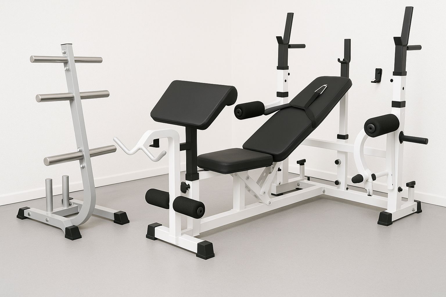 Gorilla Sports bänk, skivstång, vikter och matta i hemmagym.