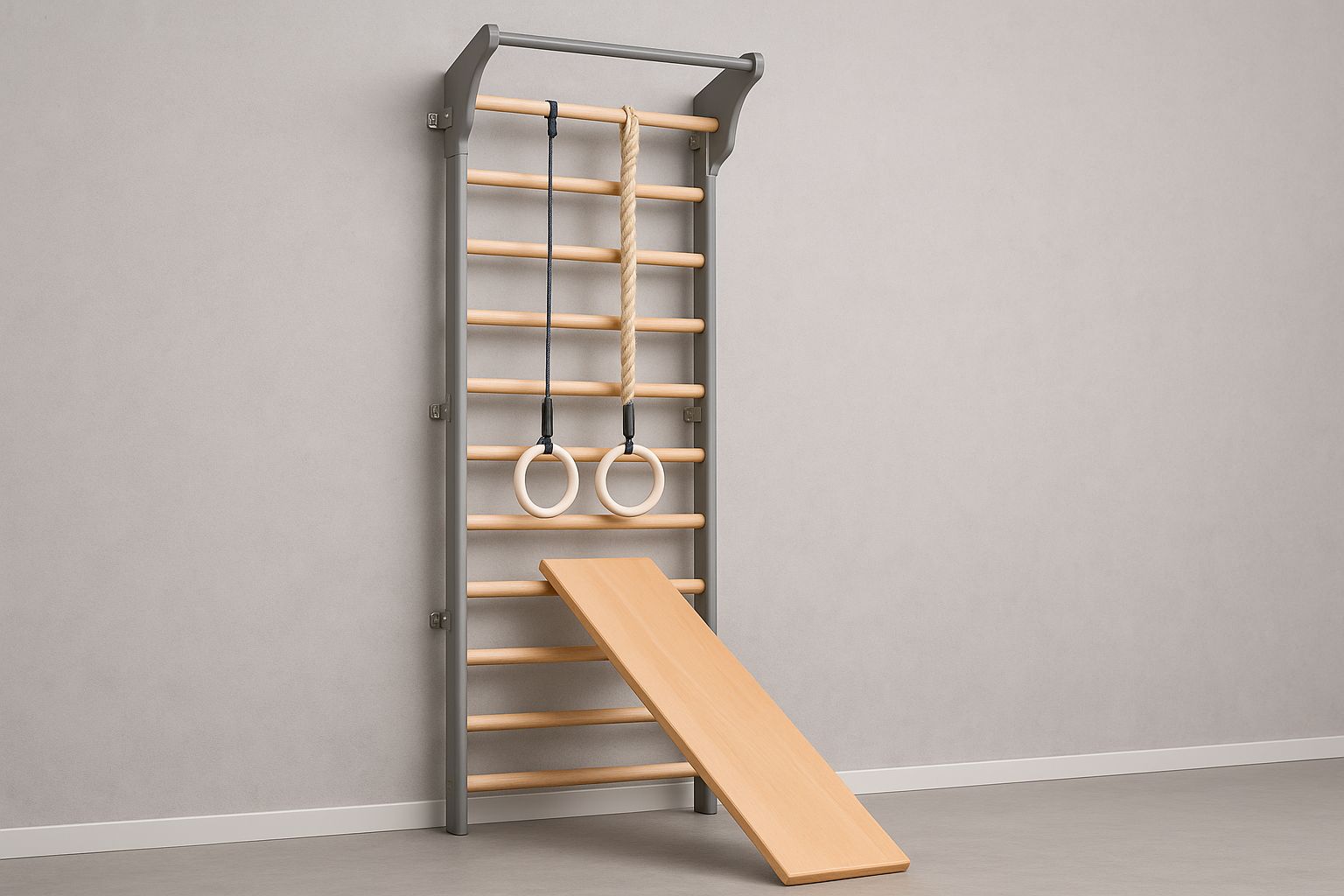 Svenskt hemmagym med Gorilla Sports-utrustning, matta och spegel för träning.