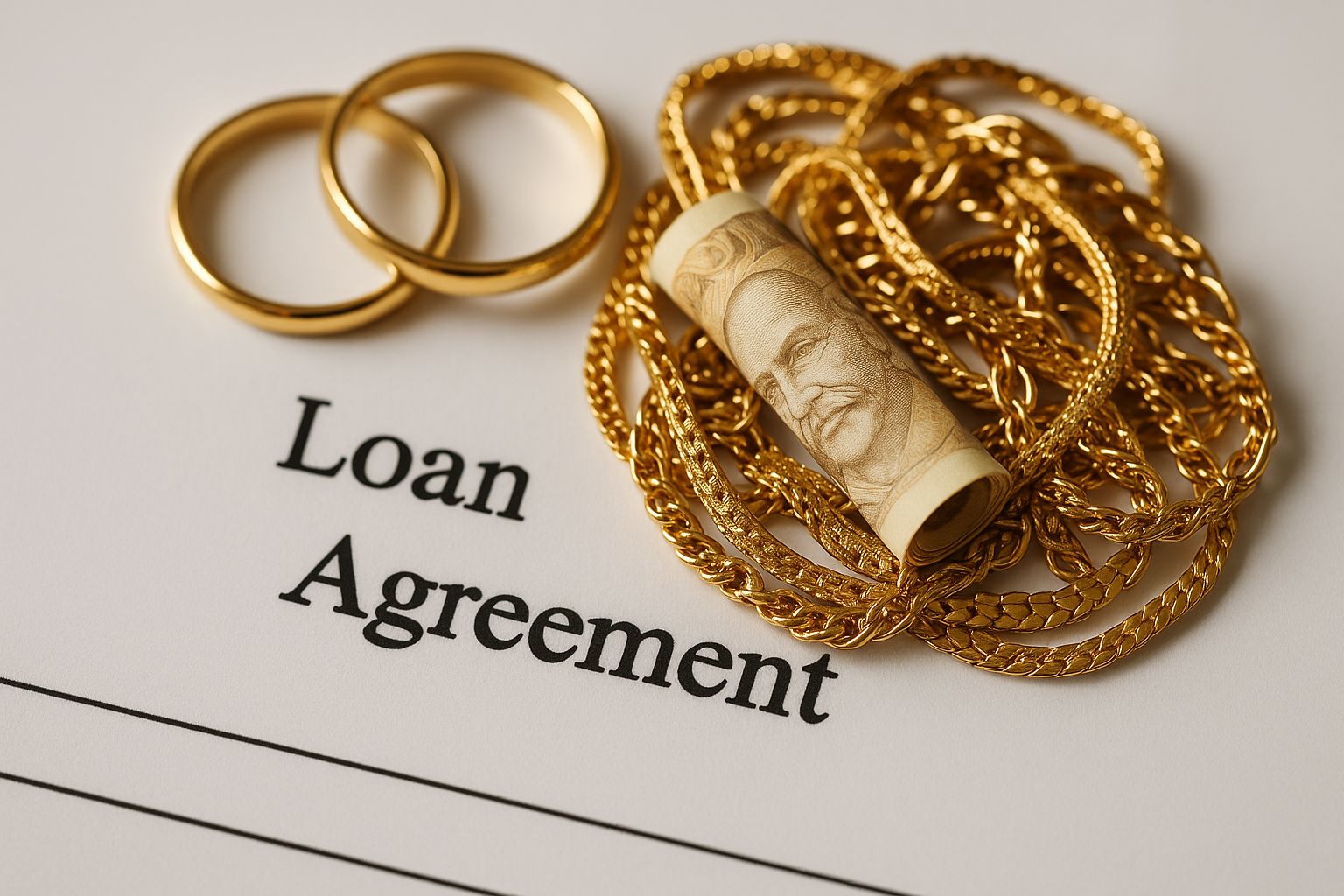 Guldhalsband och ring på ett låneavtal, symboliserar pantlån