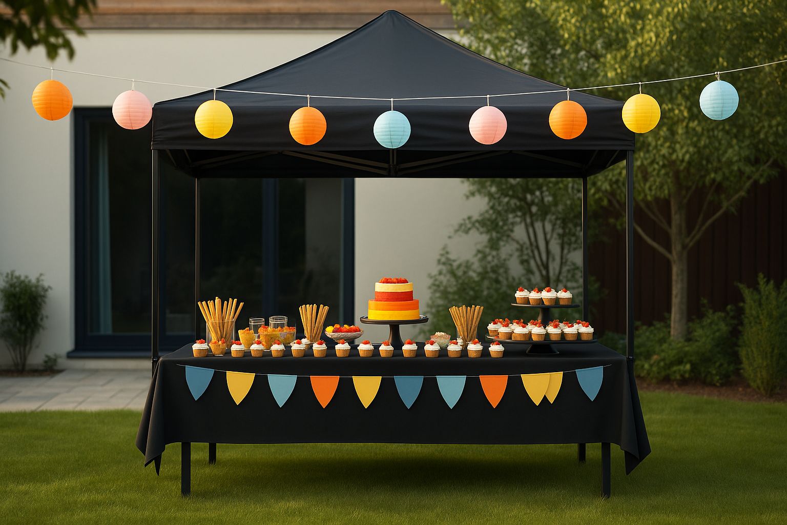 Långbord dukat för fest i lummig innergård, med tända ljus och grönska.