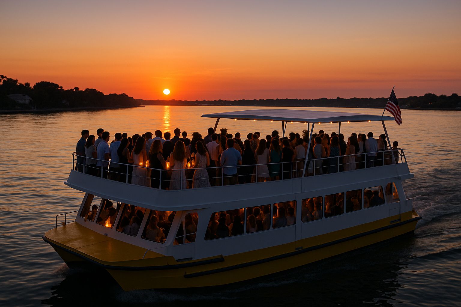 Skärgårdsbåt med upplyst däck för sommarfest i solnedgången.